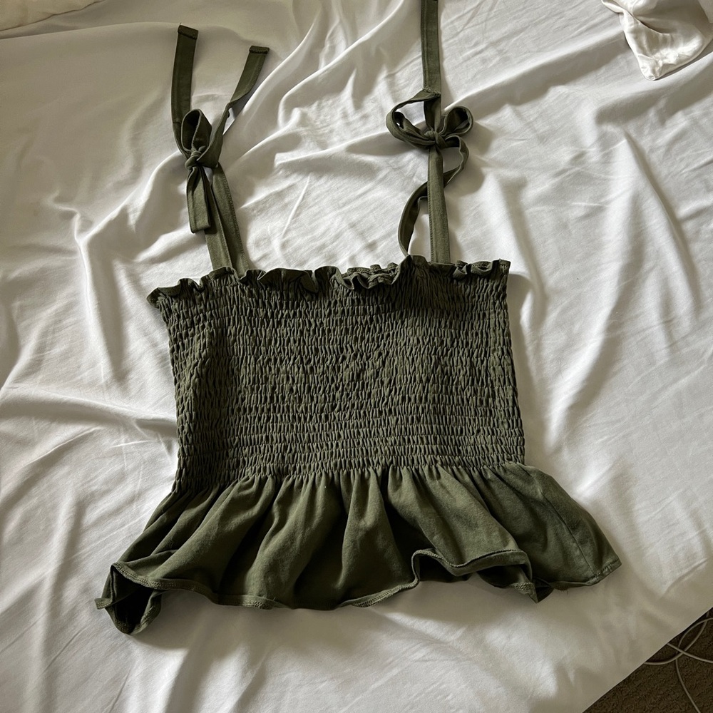 Olive Green Smocked Ruffle Strap Top